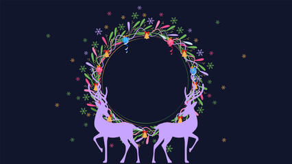 Merry Christmas and Happy New Year wreath greeting card template. Vector illustration