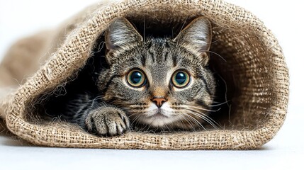 Curious cat peeking from a burlap sack