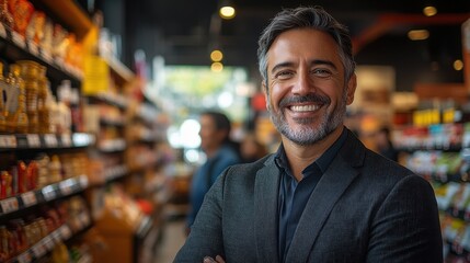 Obraz premium Cheerful Man with Gray Hair in a Modern Grocery Store Aisle Showing Confidence and Warmth while Shopping for Fresh Products and Groceries