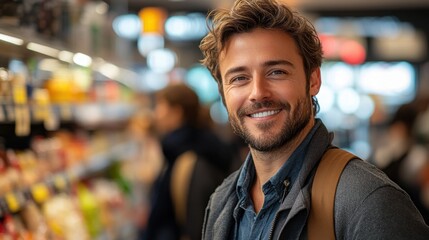Fototapeta premium Young man with a friendly smile standing in a grocery store aisle, surrounded by colorful products and shoppers, showcasing an inviting atmosphere of modern retail experience.
