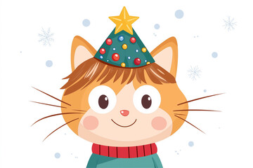 Naklejka premium A cute orange cat wearing a holiday party hat, set against a winter-themed backdrop with snowflakes. Perfect for festive and cheerful holiday themes.
