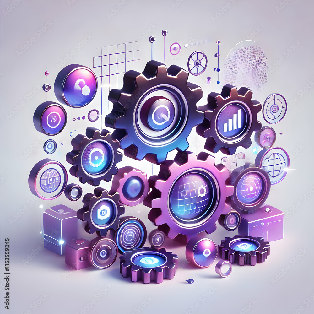 Poster glossy purple holographic gears background for digital processes and automation - 3d icon with copy 