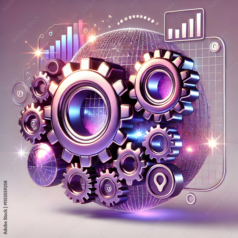 Poster 3d glossy purple background with holographic gears symbolizing digital processes and automation