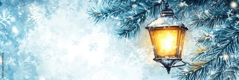 Aufkleber Winter doodle of a glowing street lantern surrounded by pine branches and falling snowflakes in a serene atmosphere. Generative AI