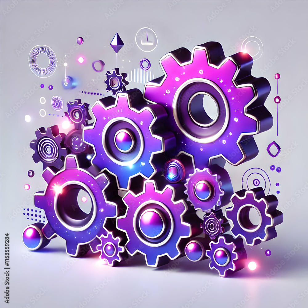 Poster 3d glossy purple background with holographic gears symbolizing digital processes and automation conc