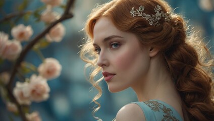 Romantic Woman with Red Hair in Floral Setting