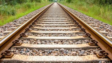 Fototapeta premium Straight railway track vanishing into the distance, flanked by lush green vegetation.