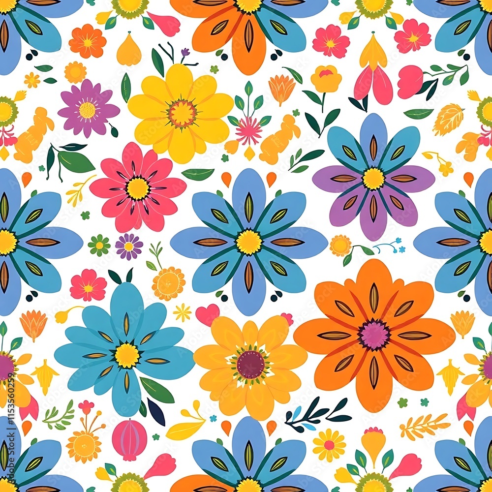 Poster vibrant floral pattern: a cheerful and colorful seamless pattern featuring an array of stylized flow