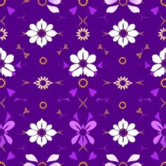 Purple Floral Symphony: A captivating seamless pattern of stylized flowers in shades of purple, white, and orange, creating a rich and elegant design. Perfect for textiles, wallpapers.