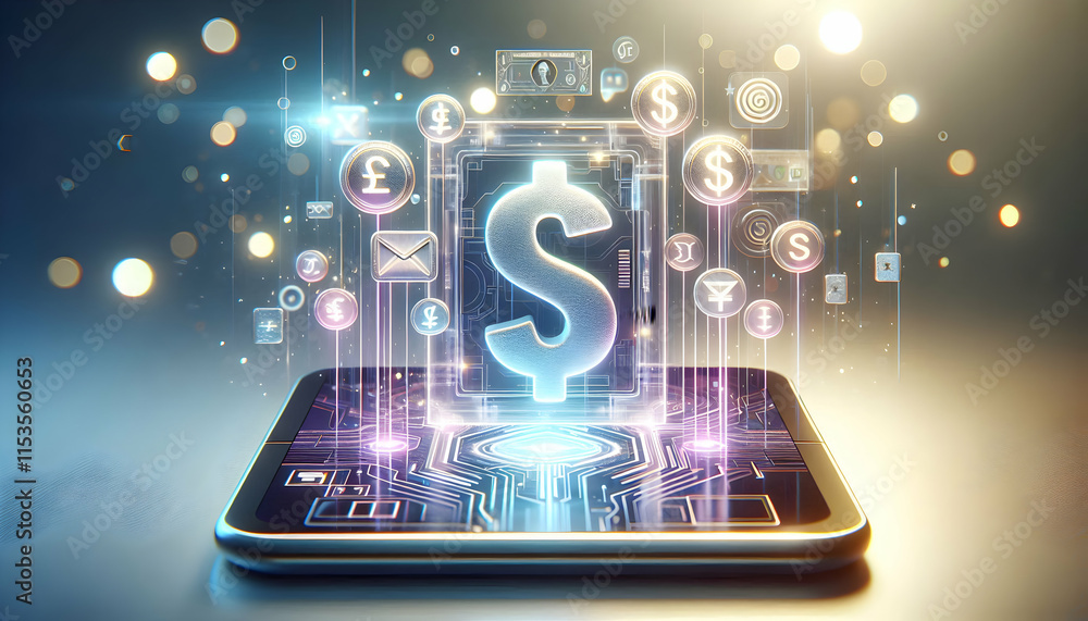 Poster futuristic tablet emitting holographic currency symbols with glowing bokeh background and copy space