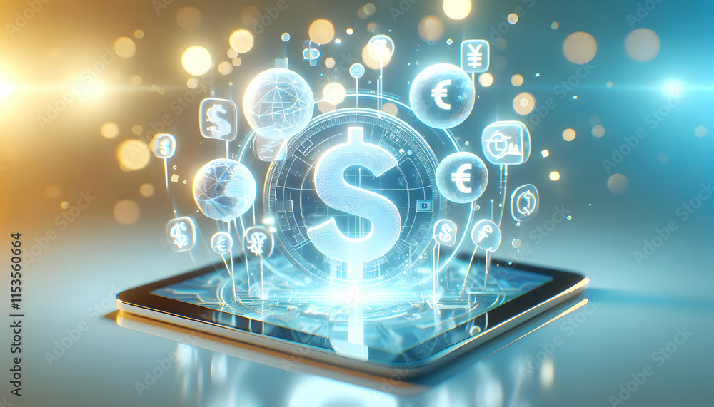 Poster 3d holographic currency symbols emerging from a glowing tablet with copy space concept as a macro sh