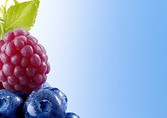 Close-up of fresh raspberries and blueberries with water droplets against a blue background.