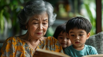 Fototapeta premium Grandmother reading a book to her grandchildren