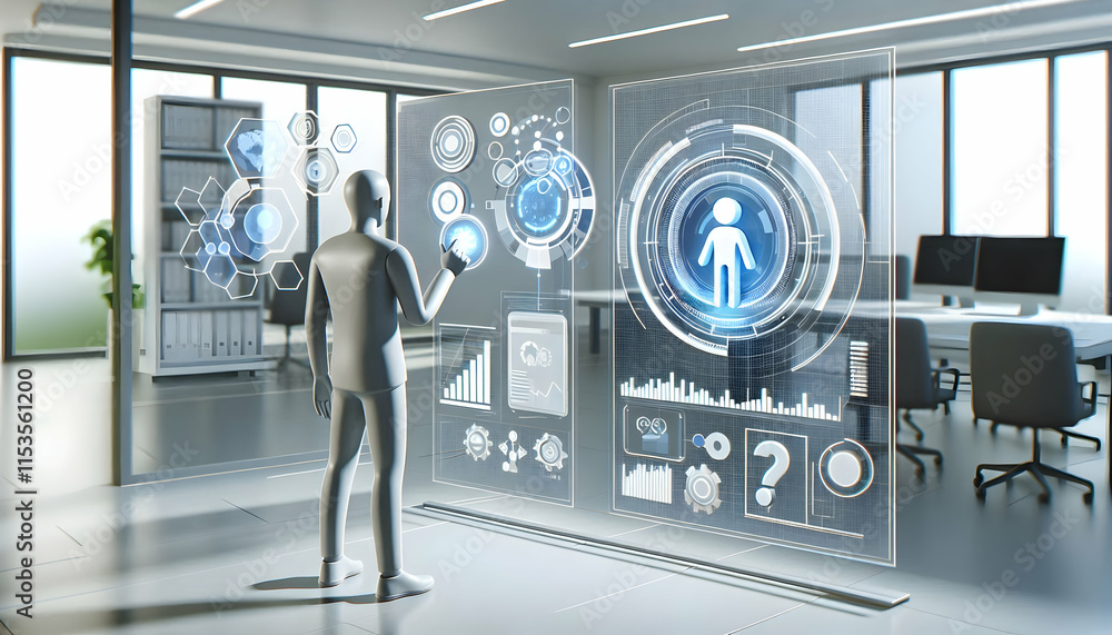Poster 3d futuristic marketer interacting with holographic displays in modern office copy space available c