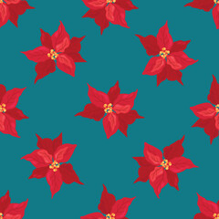 Seamless pattern with Christmas poissetia flowers. Design for fabric, textiles, wallpaper, packaging