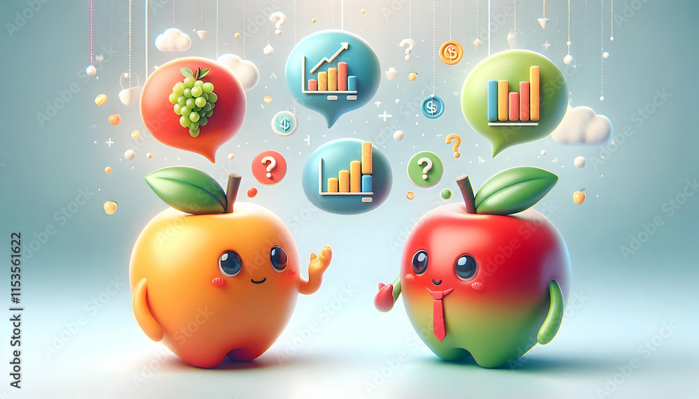 Poster 3d fruits discuss investment strategies in abstract backdrop - smart icons representing financial in
