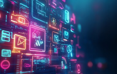 Obraz premium A glowing digital screen displaying elearning icons, online education, global connectivity, virtual classrooms, and knowledge sharing tools, ultradetailed 4K rendering