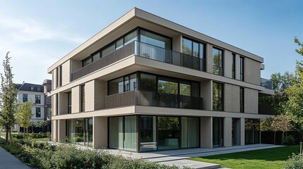 A modern house on a hill with a lawn and blue sky in the background, showcasing contemporary architecture and luxury residential design with large windows and a balcony