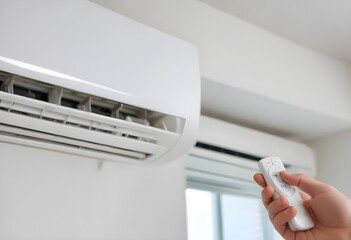 A close-up view of a person's hand adjusting the controls of an air conditioning unit mounted on the wall