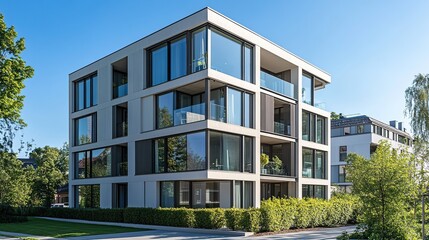 Fototapeta premium Modern city building with luxury apartments and a clear blue sky