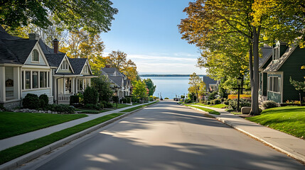 Picturesque lakeside street in Lake Geneva Wisconsin with classic cottages and scenic water views