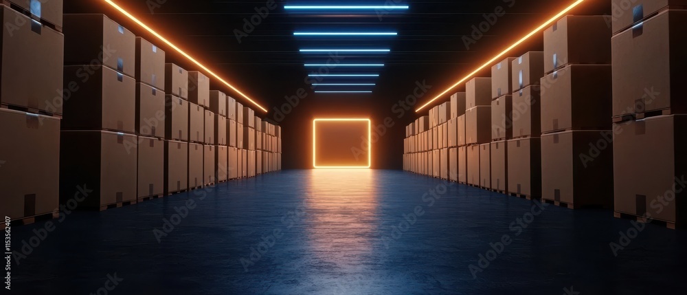 Poster a dimly lit corridor lined with boxes, featuring glowing lights at the end, creating a mysterious an