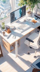 Fototapeta premium Elegant anime style office workspace clean lineart design soft pastel colors modern atmosphere aerial view