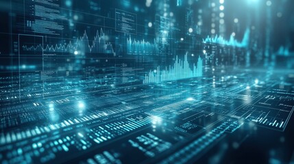 Obraz premium Futuristic Data Visualization with Graphs and Digital Metrics in a Deep Blue Color Scheme Representing Big Data Concepts and Technology Trends