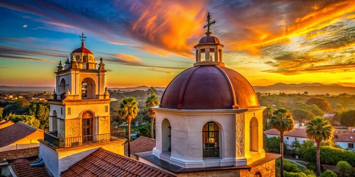 Panoramic Aerial Close-Up: San Juan Capistrano Mission Bell Tower & Dome, California