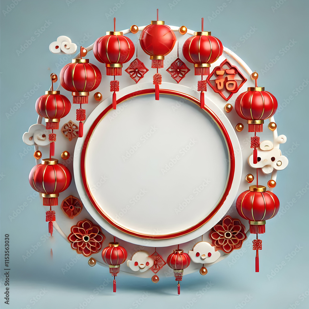 Aufkleber 3d circular frame red lanterns fortune symbol copy space template for branding and content