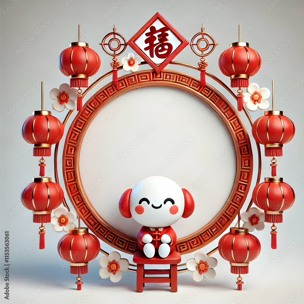Poster 3d circular frame red lanterns fortune symbol copy space for branding white background