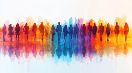 Colorful Silhouettes of People on a Reflective Horizon. Generative AI