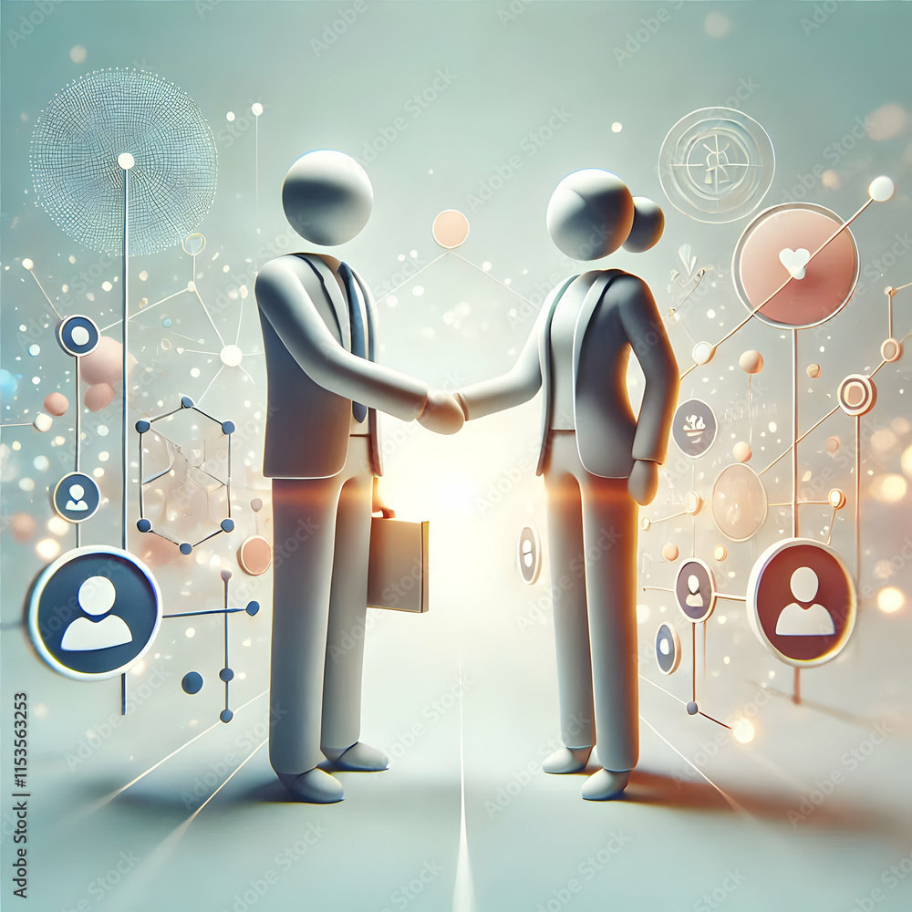 Poster 3d modern business handshake with soft abstract background concept as two professionals shaking hand