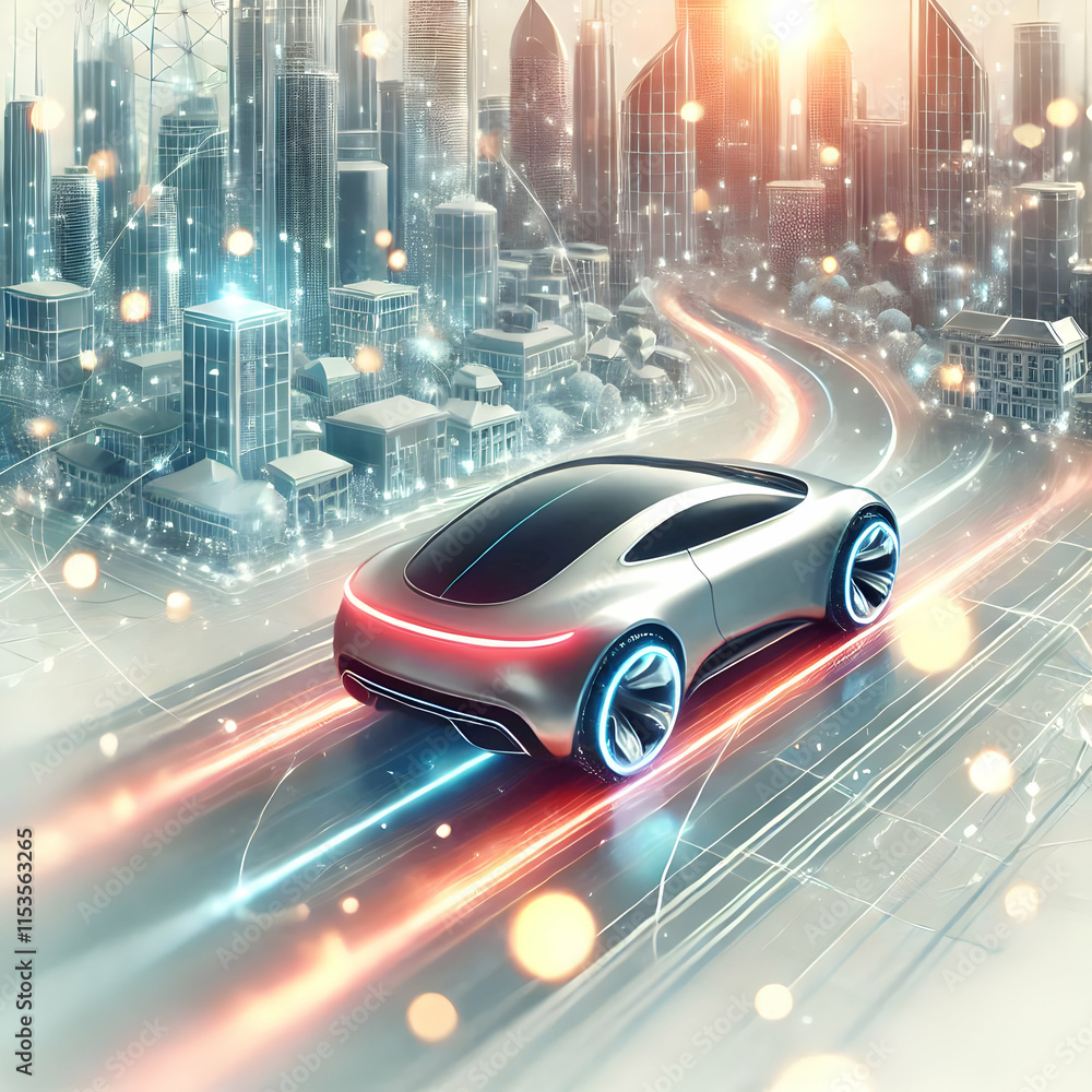 Aufkleber 3d soft abstract image of a futuristic car driving through a digital city with bokeh effects and cop