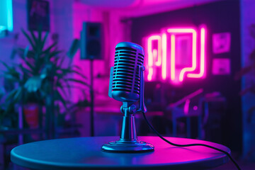 Podcast microphone in round table, studio and Neon lights backwall