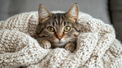 Obraz premium Cozy cat wrapped in a soft blanket