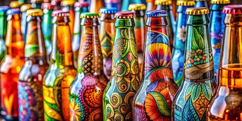 Panoramic Artistic Beer Pattern: Colorful Craft Beer Bottle Design Background