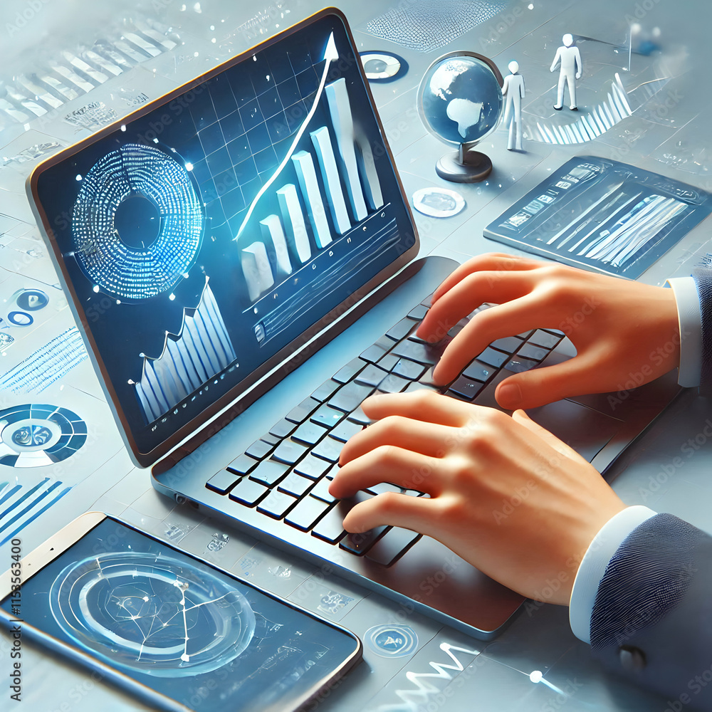 Poster close up of professional hand typing on laptop keyboard for efficient work habits - isolated 3d icon