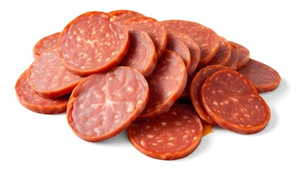 Obraz premium Sliced pepperoni sausage, close-up view showing the red, spicy meat with visible spices and seasonings