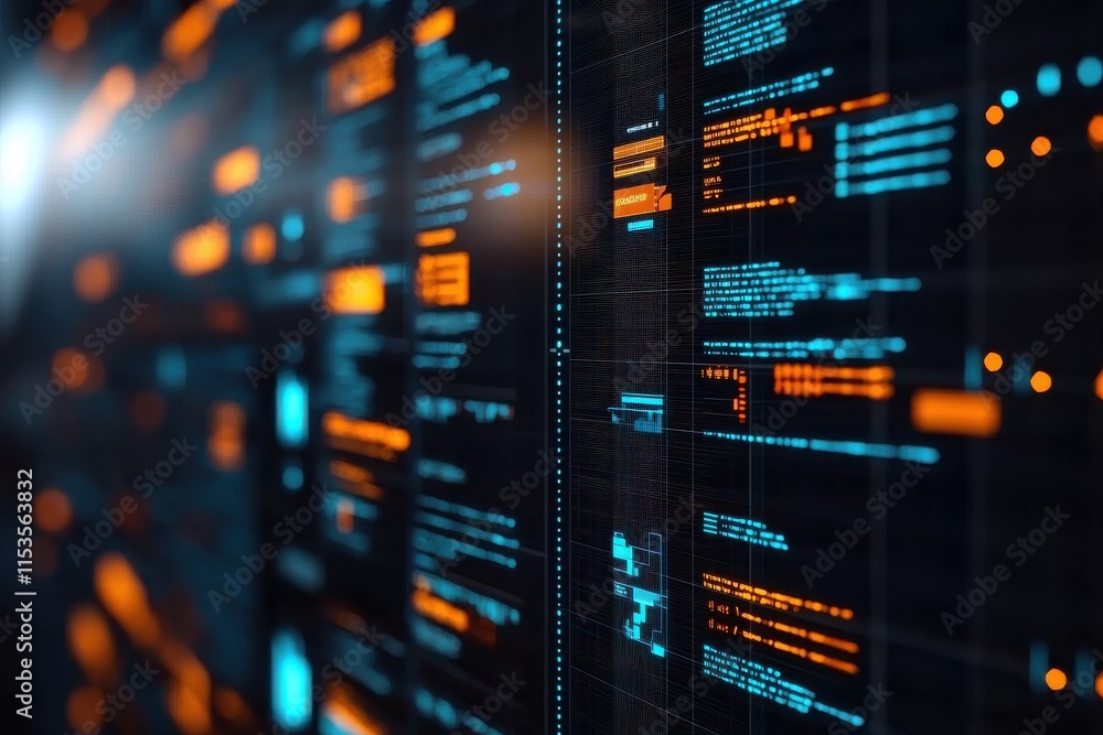 Poster a futuristic display of glowing data and code, showcasing vibrant blue and orange elements against a