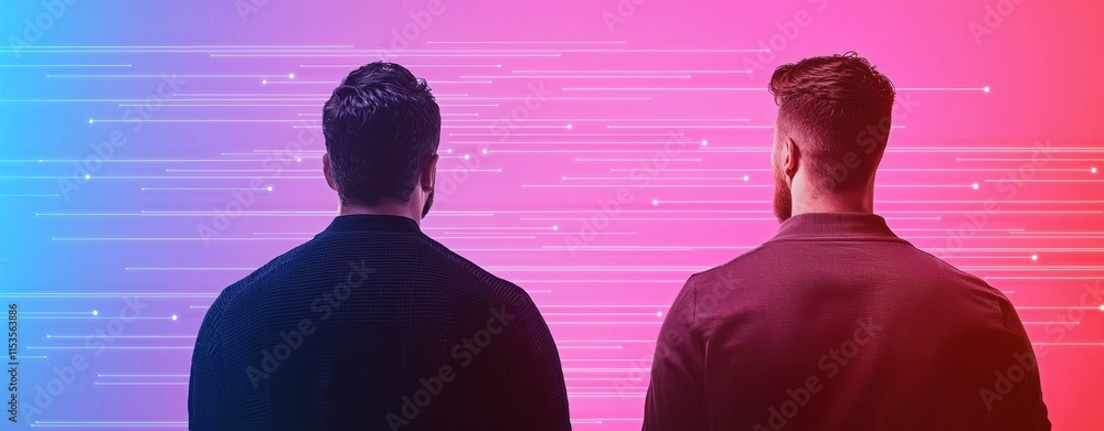 Poster two men stand back-to-back against a colorful gradient background, suggesting a theme of connection 