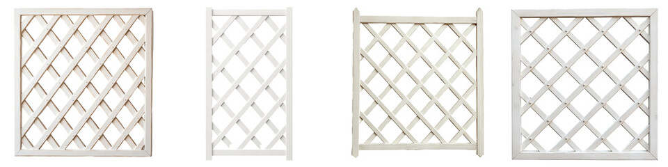Garden decoration. Four white wooden trellises with diamond patterns against a transparent background.