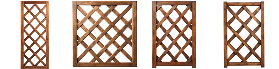 Garden decoration. Wooden lattice panels arranged in a row on a transparent background.