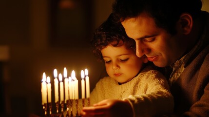 Family celebration during festival of lights with a father and son enjoying candle lighting together