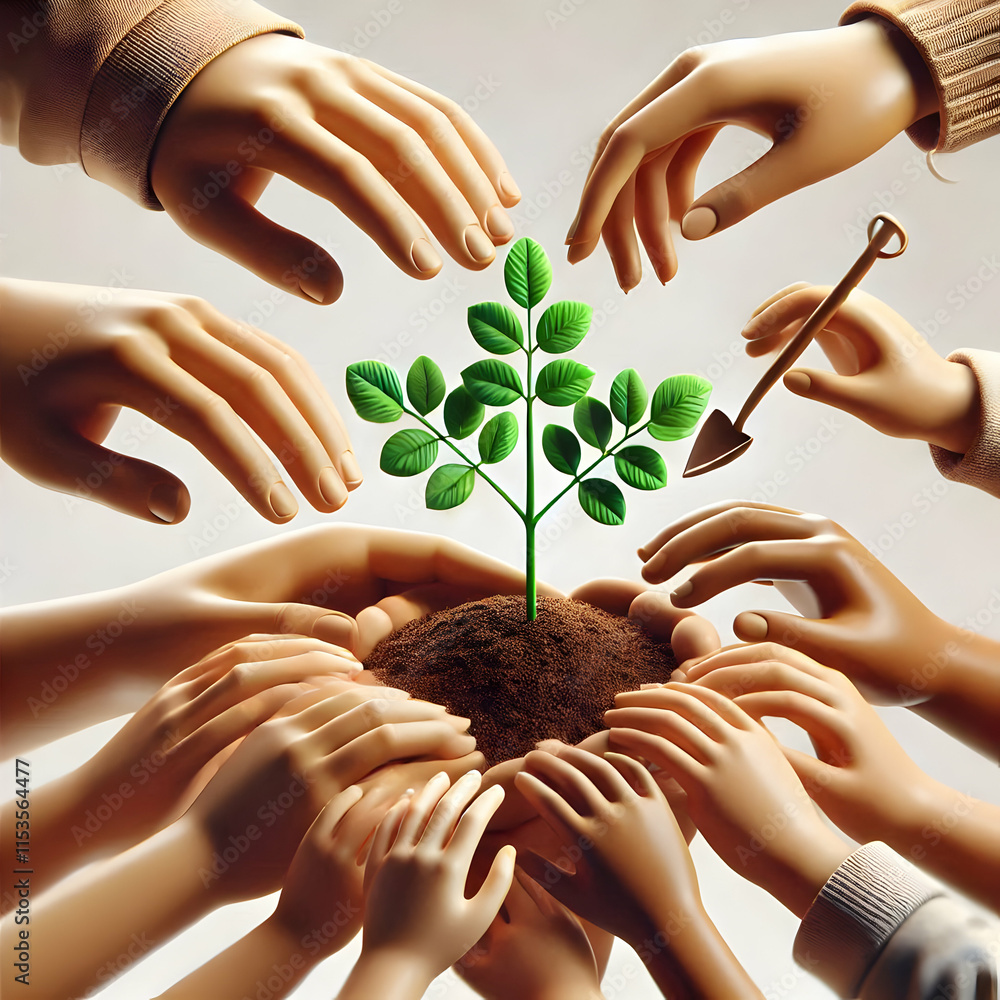Poster 3d macro hands planting tree sapling symbolizing family growth and connection with generational unit