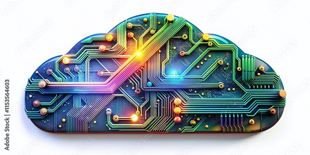 Poster panoramic cloud computing circuit board: data upload download, internet technology, cyber security