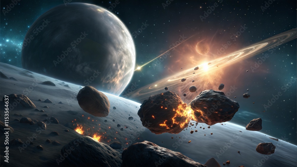 Wall mural dramatic outer space scene with asteroids and planets in vibrant colors and copy space