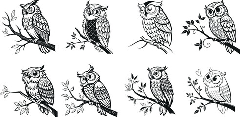 8 Deferent Owl, sit on tree branch silhouette vector art illustration