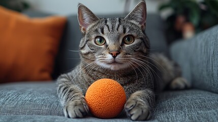 Playful tabby cat with orange ball on gray couch
