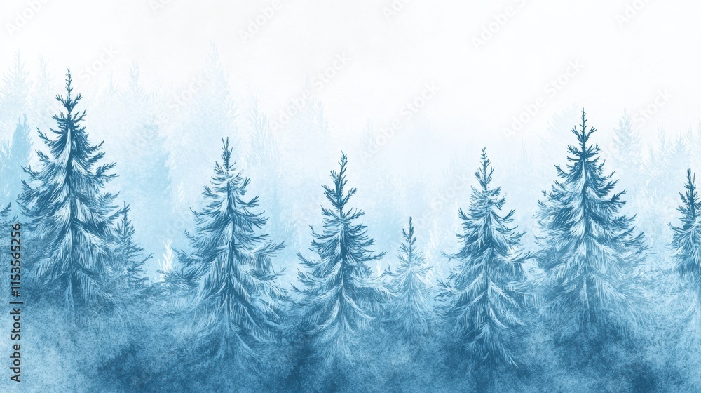 Aufkleber Winter themed doodle depicting a serene forest landscape with evergreen trees blanketed in soft snow under a pale sky. Generative AI